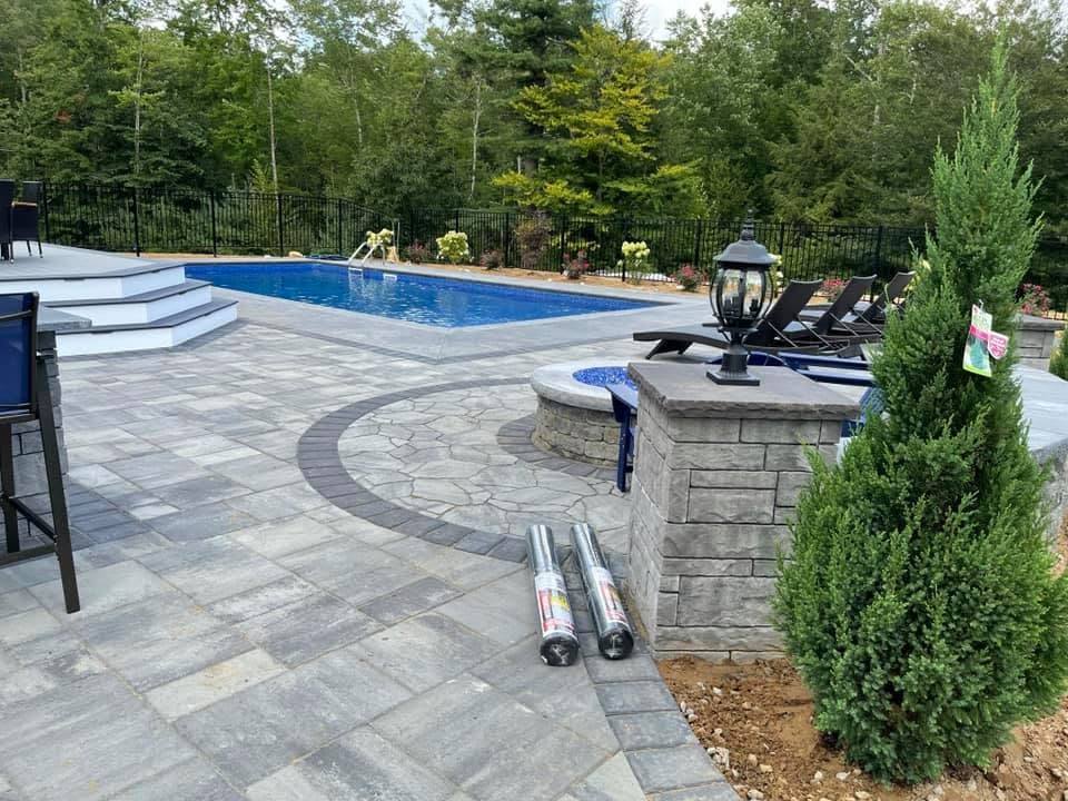 Custom inground pool with stamped concrete patio and fire feature, Capital Region NY